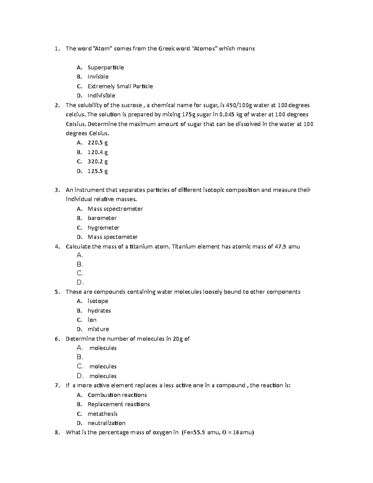 ESAS Chemistry - ESAS sample questions - The word ”Atom” comes from the ...