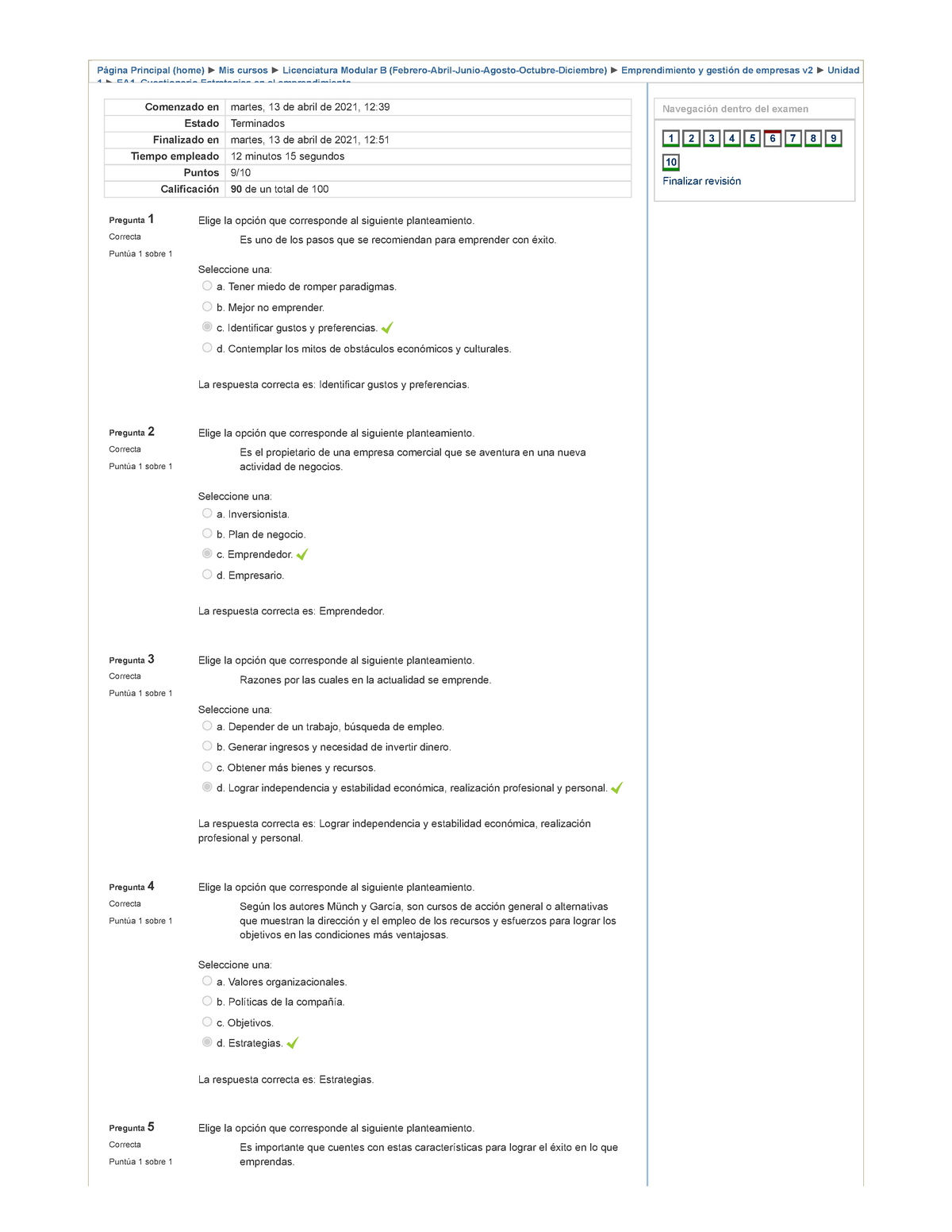 EA1. Cuestionario Estrategias En El Emprendimiento - Página Principal ...