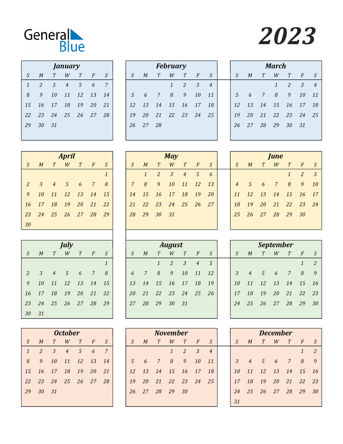 2023 calendar streamlined colored portrait sunday start - 2023 January ...