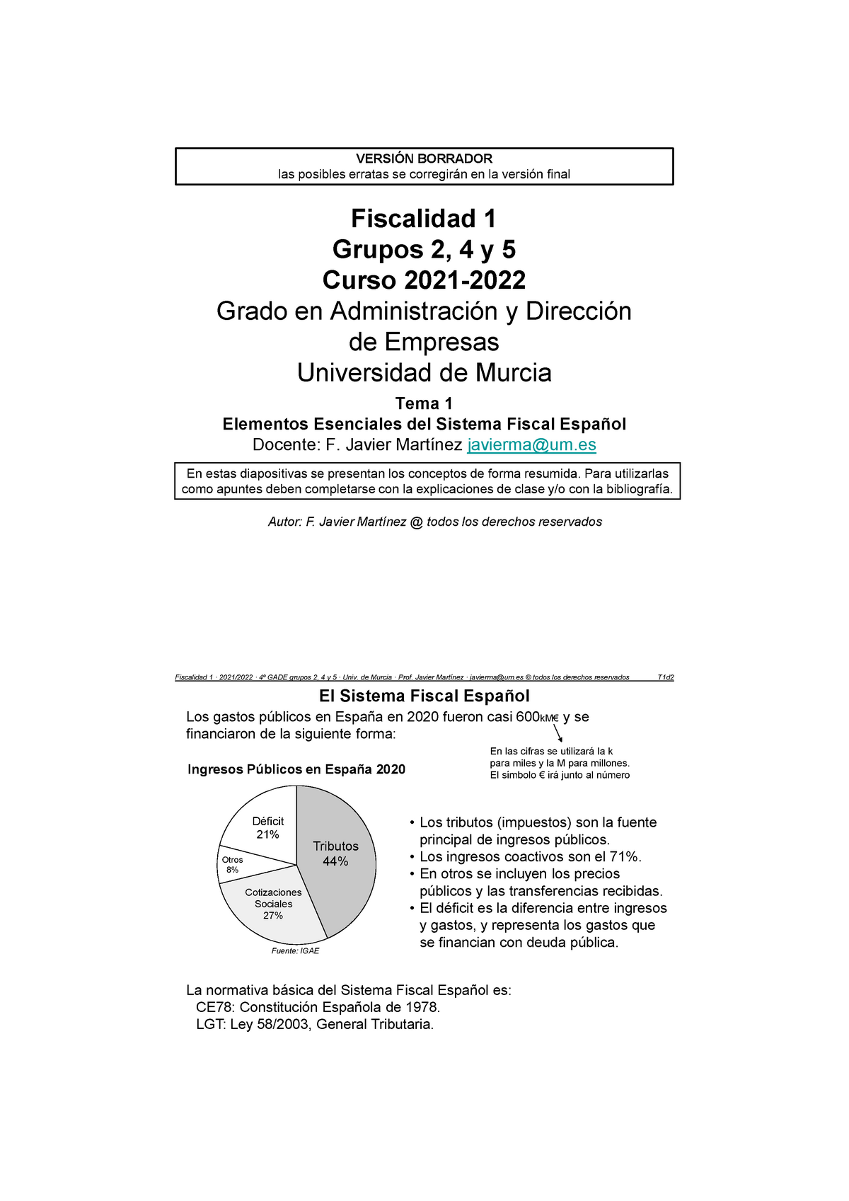 TEMA 1: EL SISTEMA FISCAL ESPAÑOL - Fiscalidad 1 Grupos 2, 4 Y 5 Curso ...