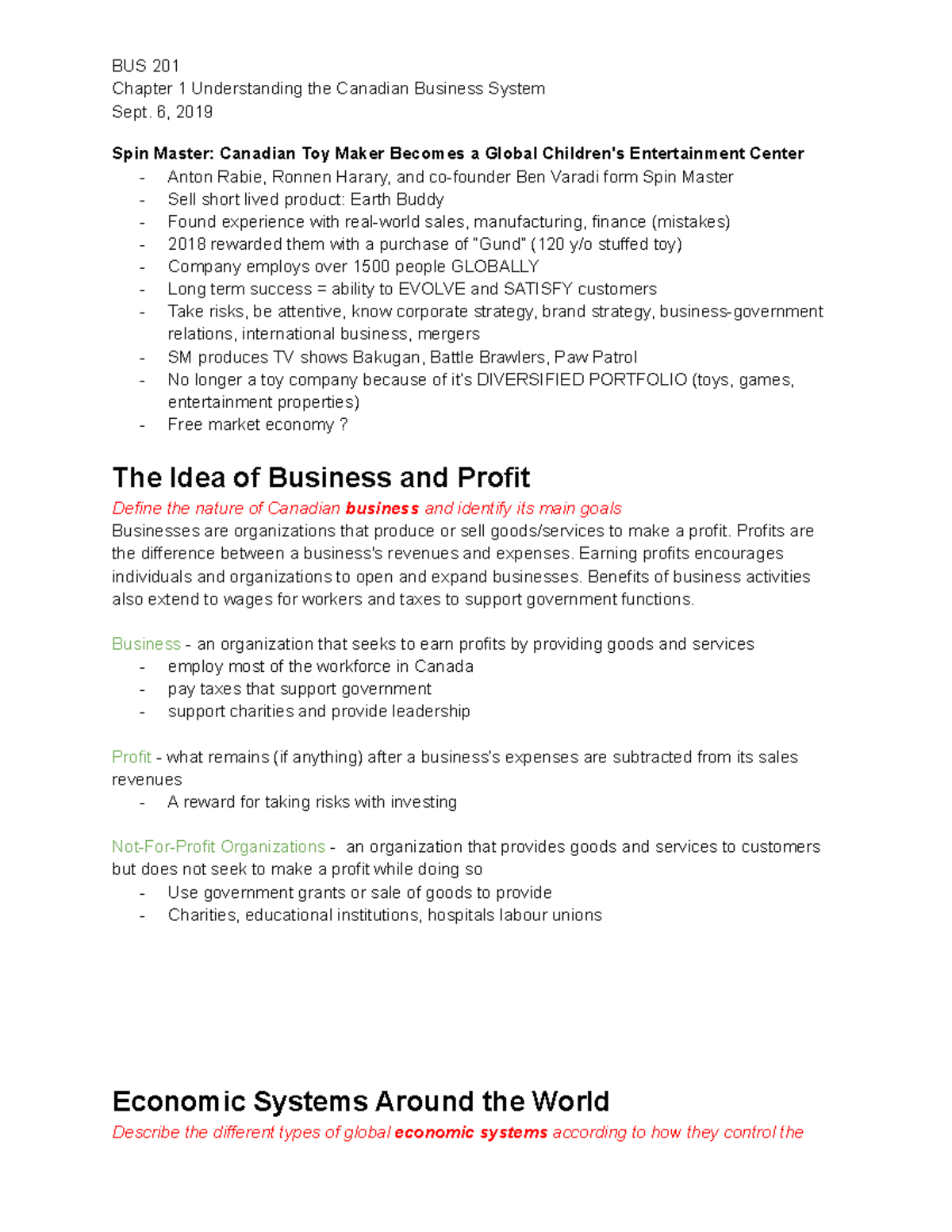 Chapter 1 - Summary Introduction to Business - BUS 201 Chapter 1 ...
