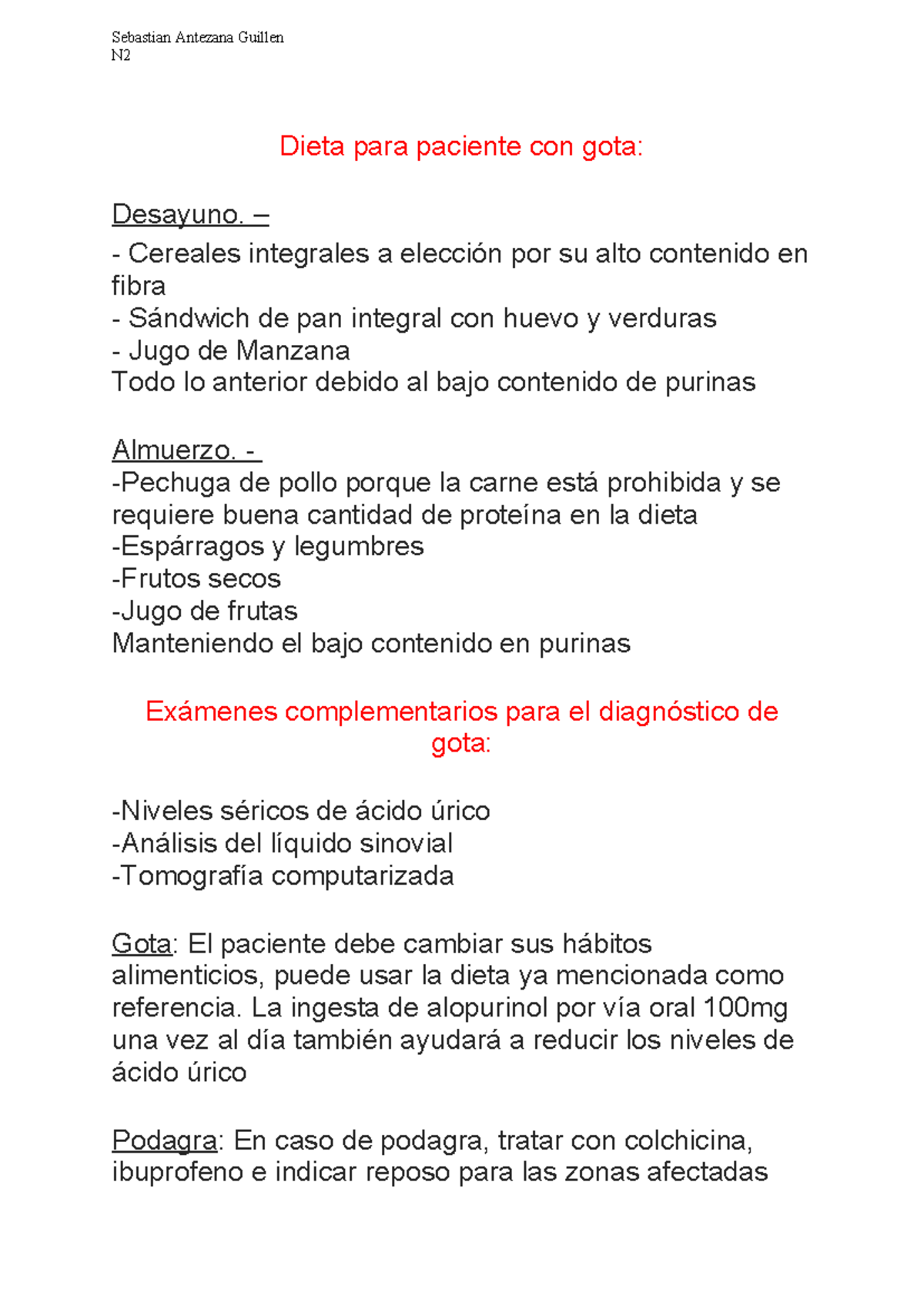 Dieta y diagnostico de GOTA - Sebastian Antezana Guillen N Dieta para ...