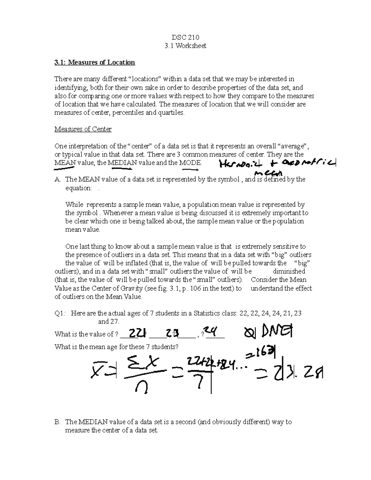 Chapter 3.1 notes - DSC 210 3 Worksheet 3: Measures of Location There ...