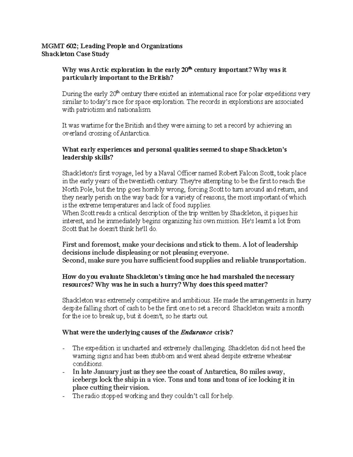 MGMT 602.Shackleton Case Questions - MGMT 602; Leading People and ...
