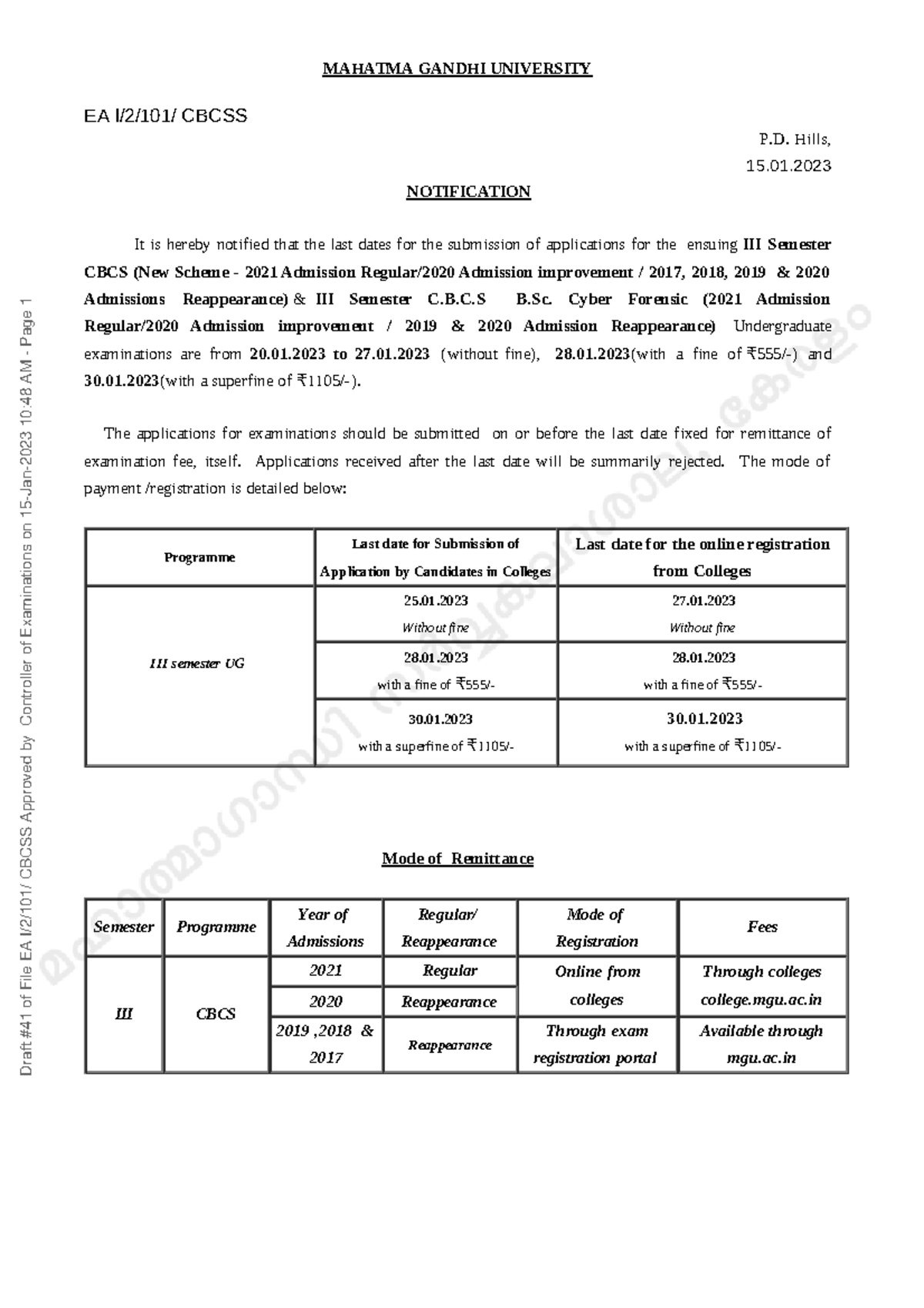 III Semester UG CBCS Fees Notification 2023 - MAHATMA GANDHI UNIVERSITY ...