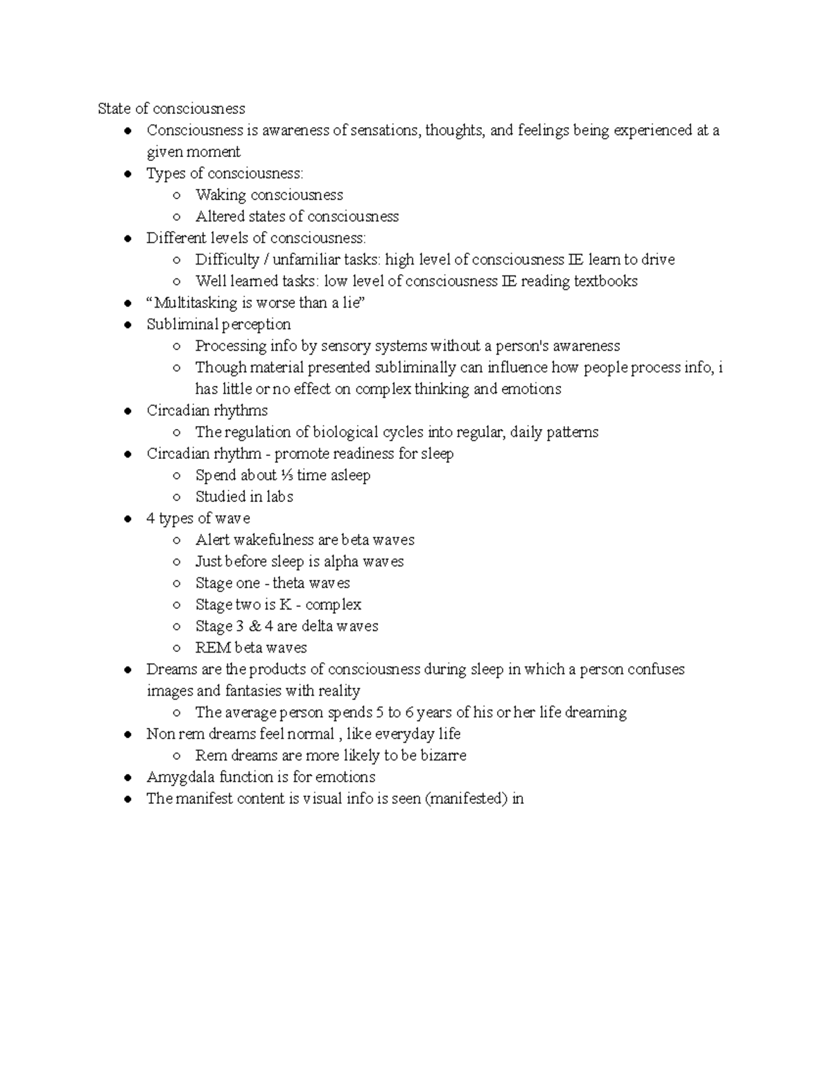 Ch 4 - notes - State of consciousness Consciousness is awareness of ...