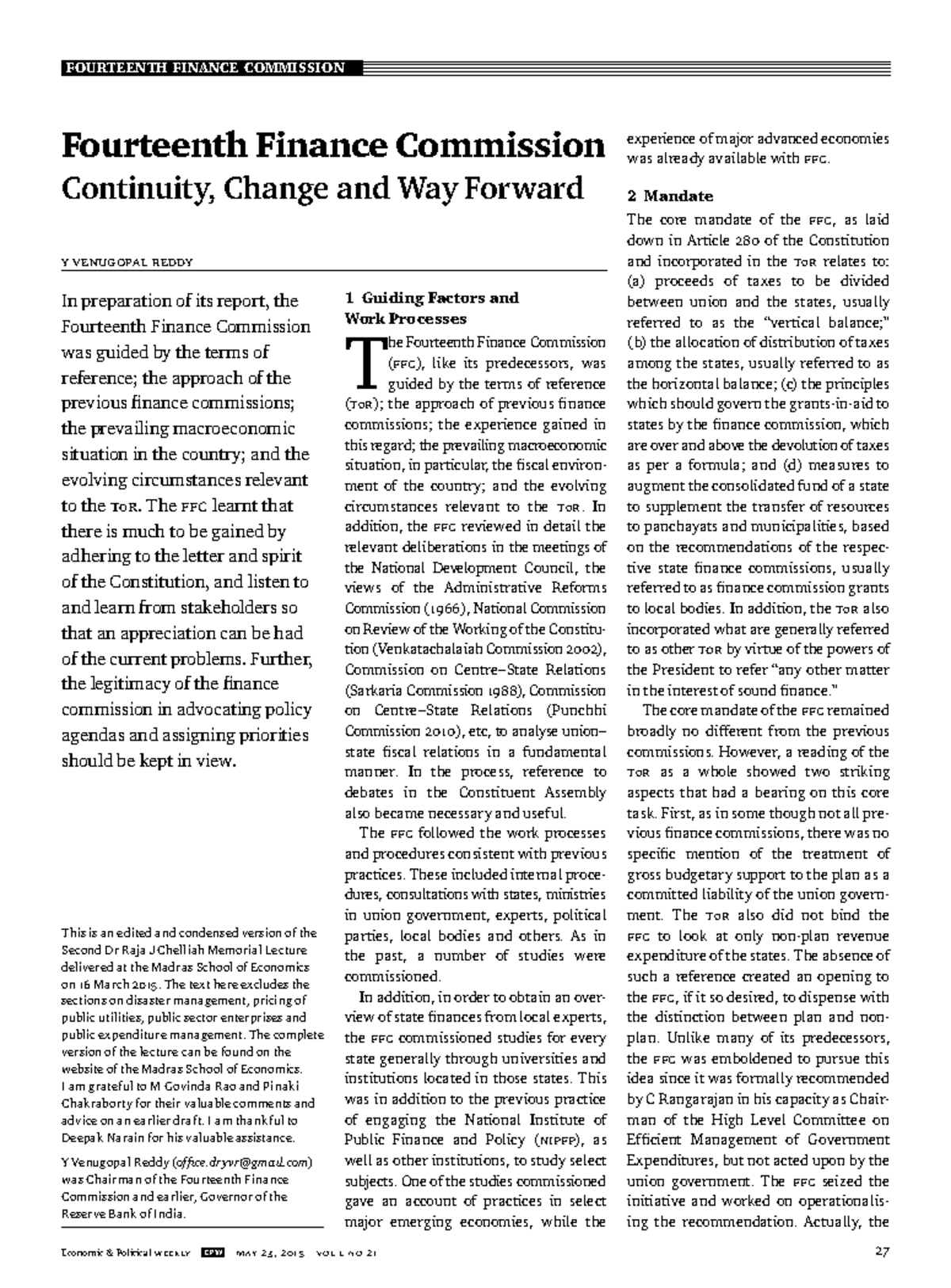 Fourteenth Finance Commission Economic & Political Weekly EPW M AY 23