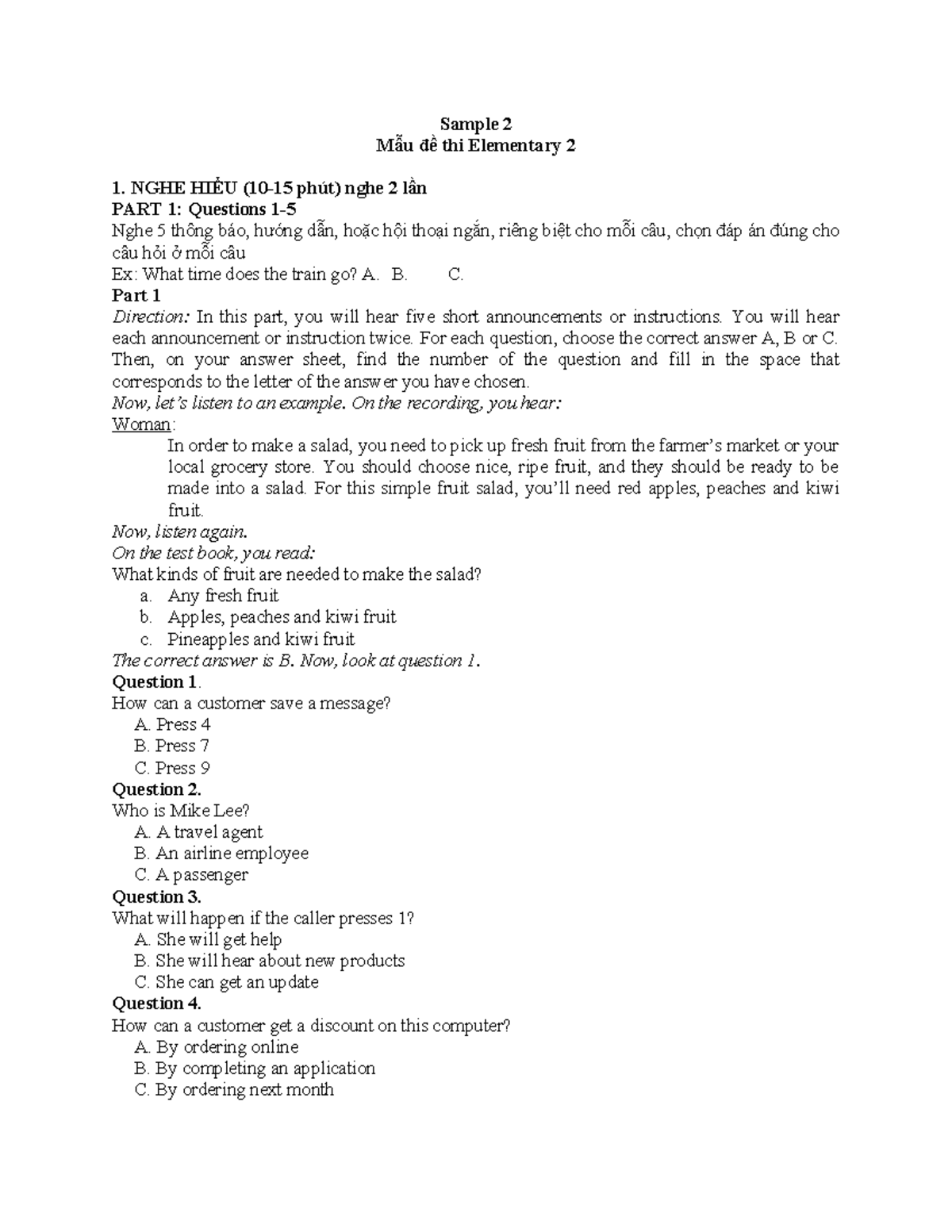 Sample 2 - Mô tả đề TA-ELE - Sample 2 Mẫu đề thi Elementary 2 1. NGHE ...