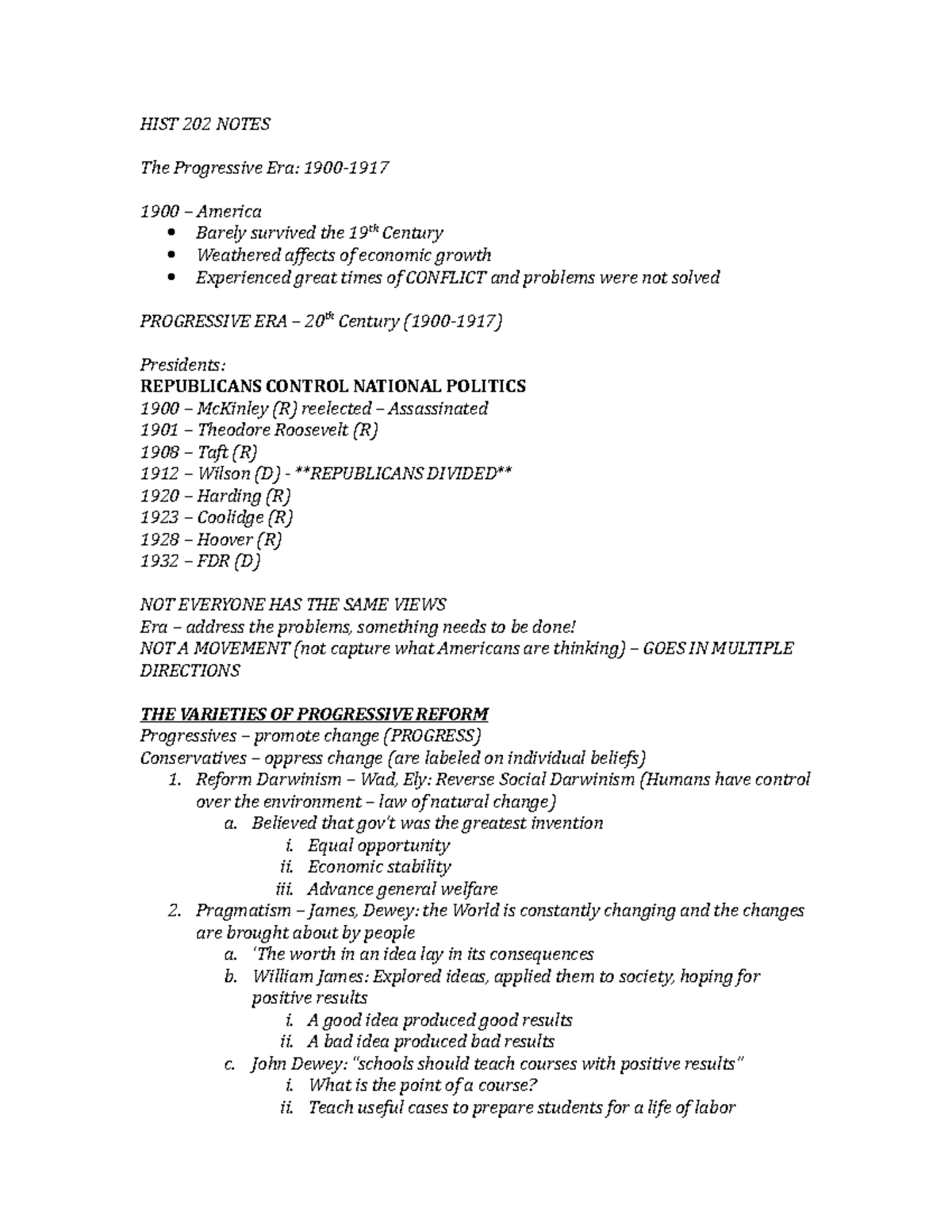 HIST 202 Notes The Progressive Era - HIST 202 NOTES The Progressive Era ...