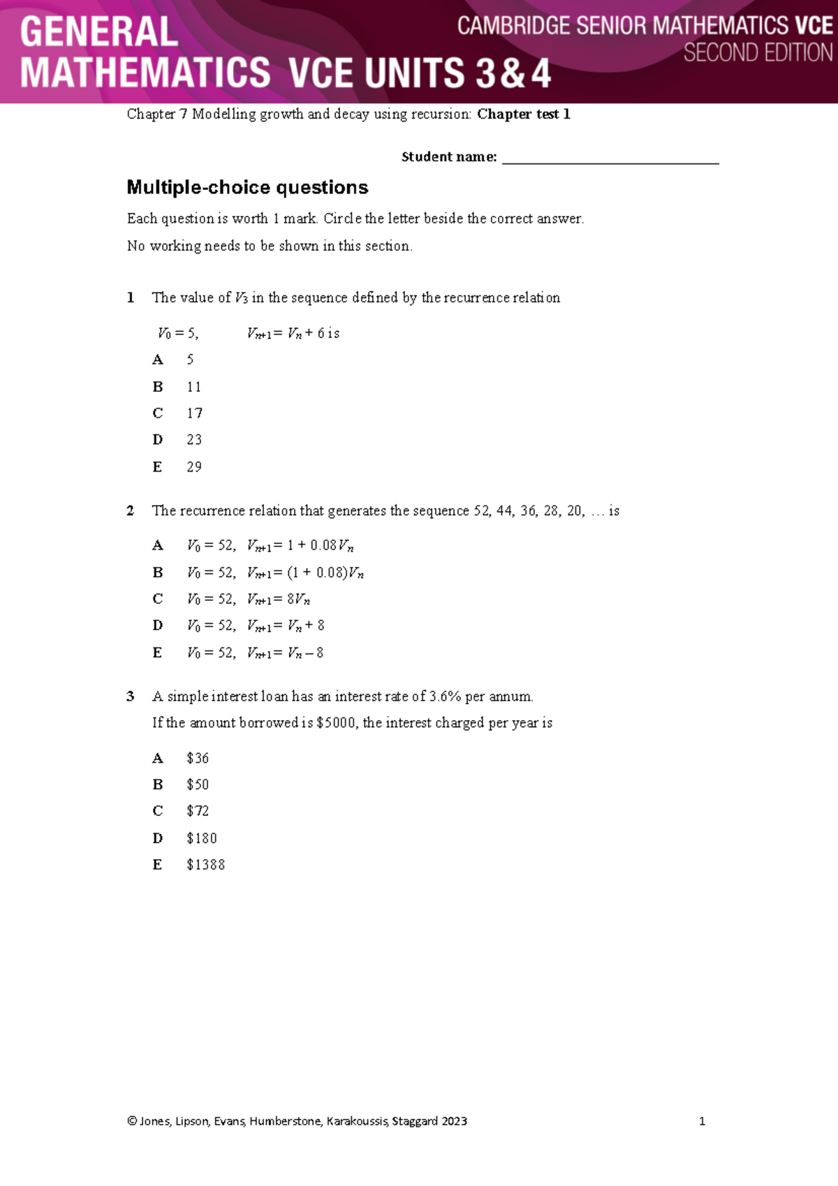 Chapter 7 test 1 - Student name: ____________________________ Multiple ...