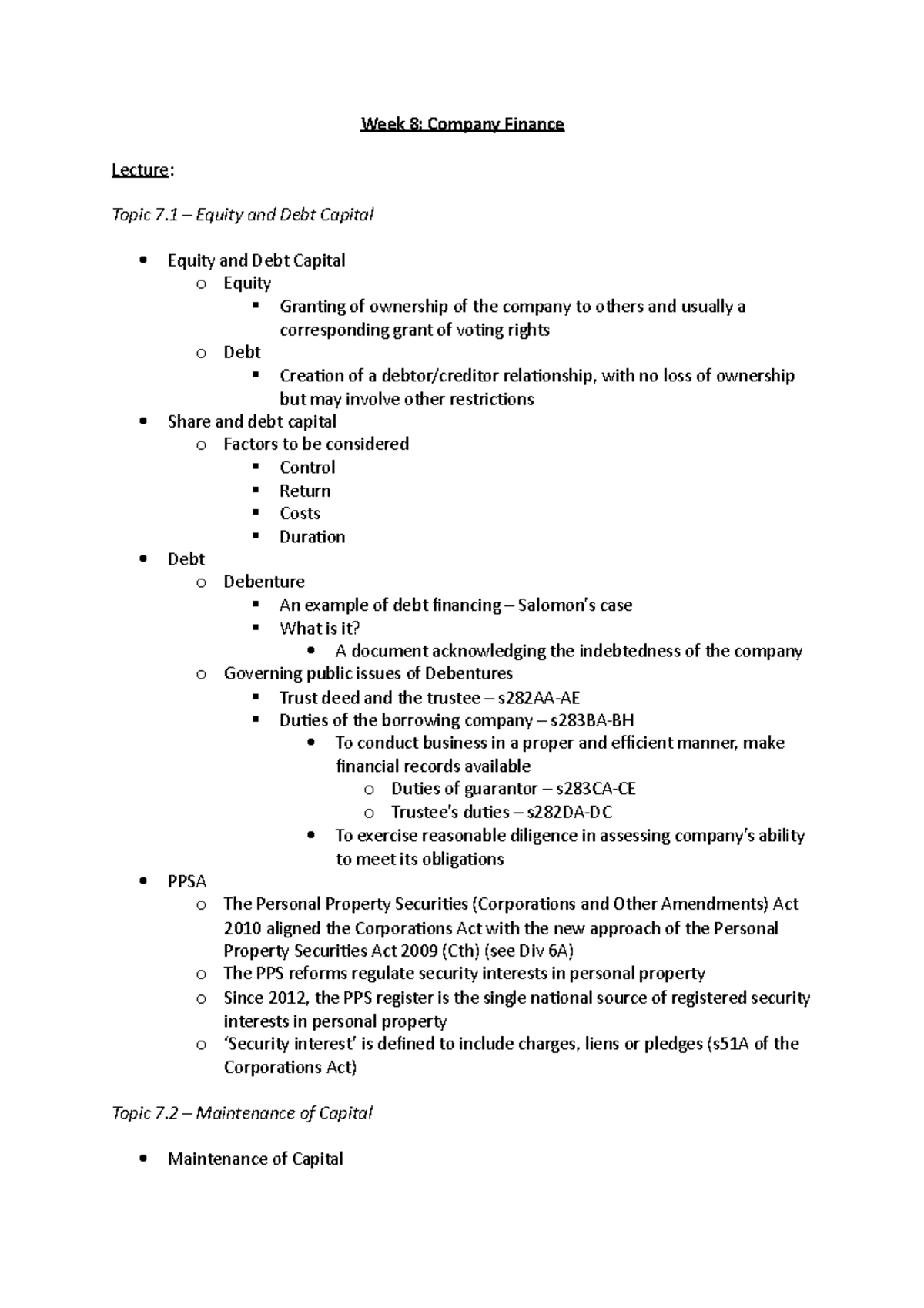 LOBO Week 8 Notes - Week 8: Company Finance Lecture: Topic 7 – Equity ...
