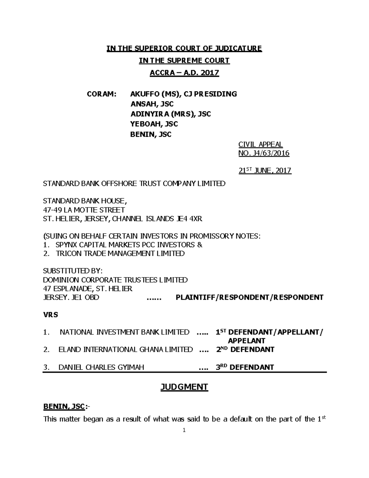 Standard BANK Offshore Trust COMP. LT. VRS National Investment BANK & 2