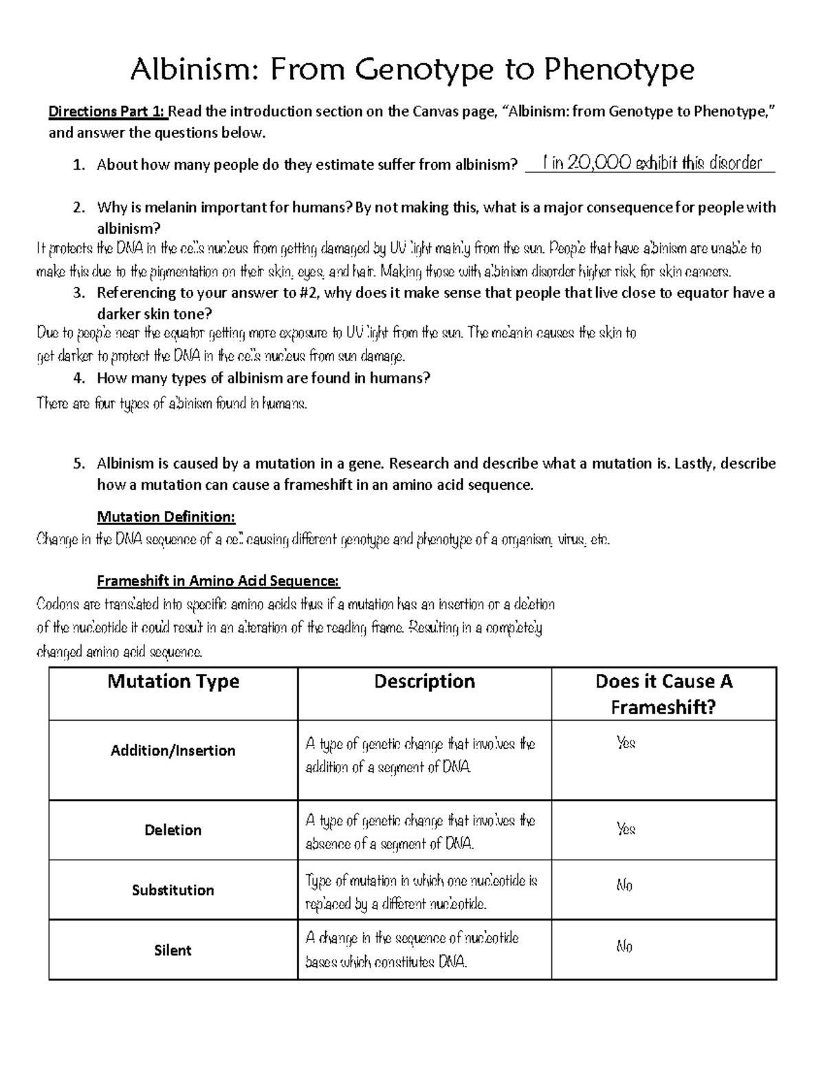 Albinism Lab Dvolp 1 Directions Part 1 And Answer The Questions Below From Genotype To 