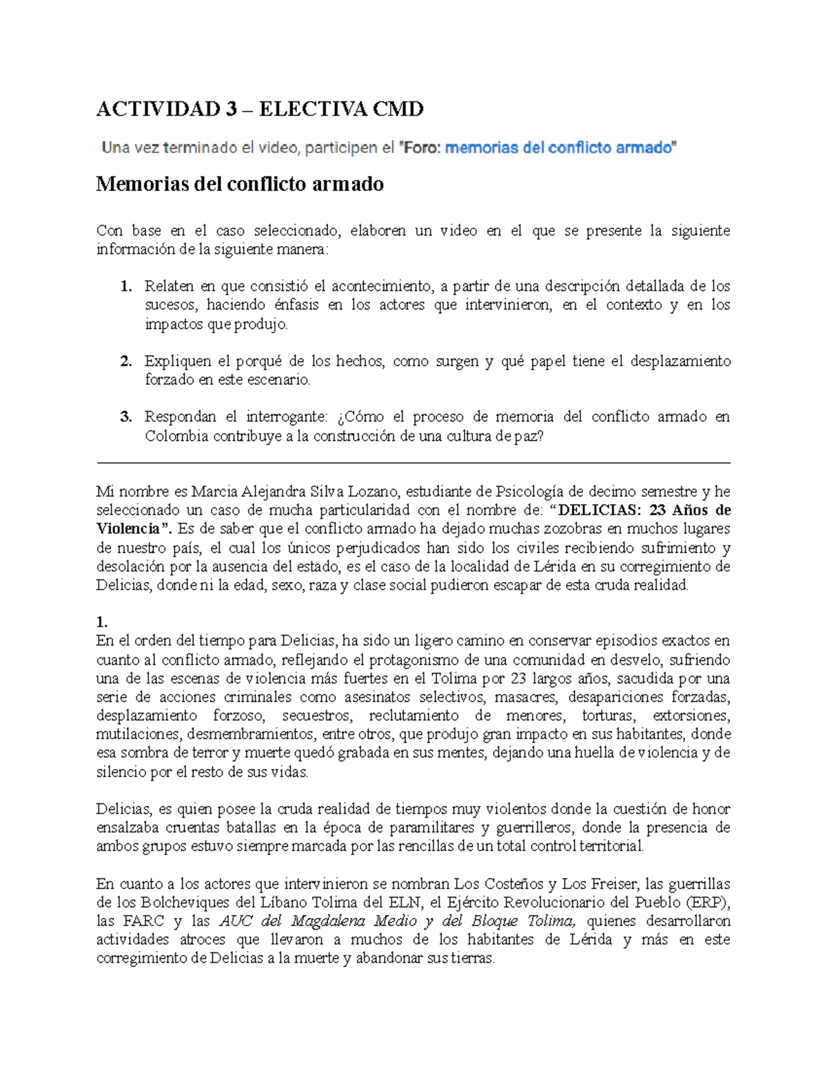 Memorias Del Conflicto Armado Marcia - ACTIVIDAD 3 – ELECTIVA CMD ...