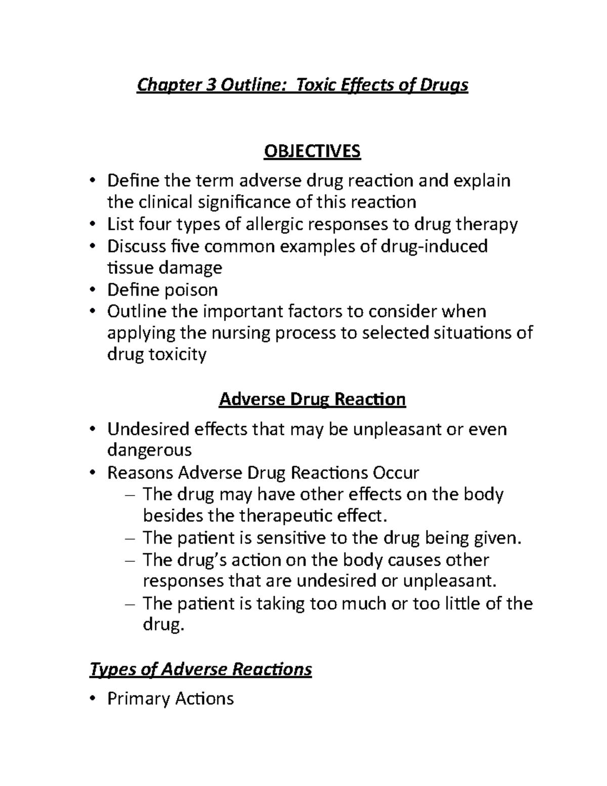 Chapter 3 Outline - Chapter 3 Outline: Toxic Effects Of Drugs 