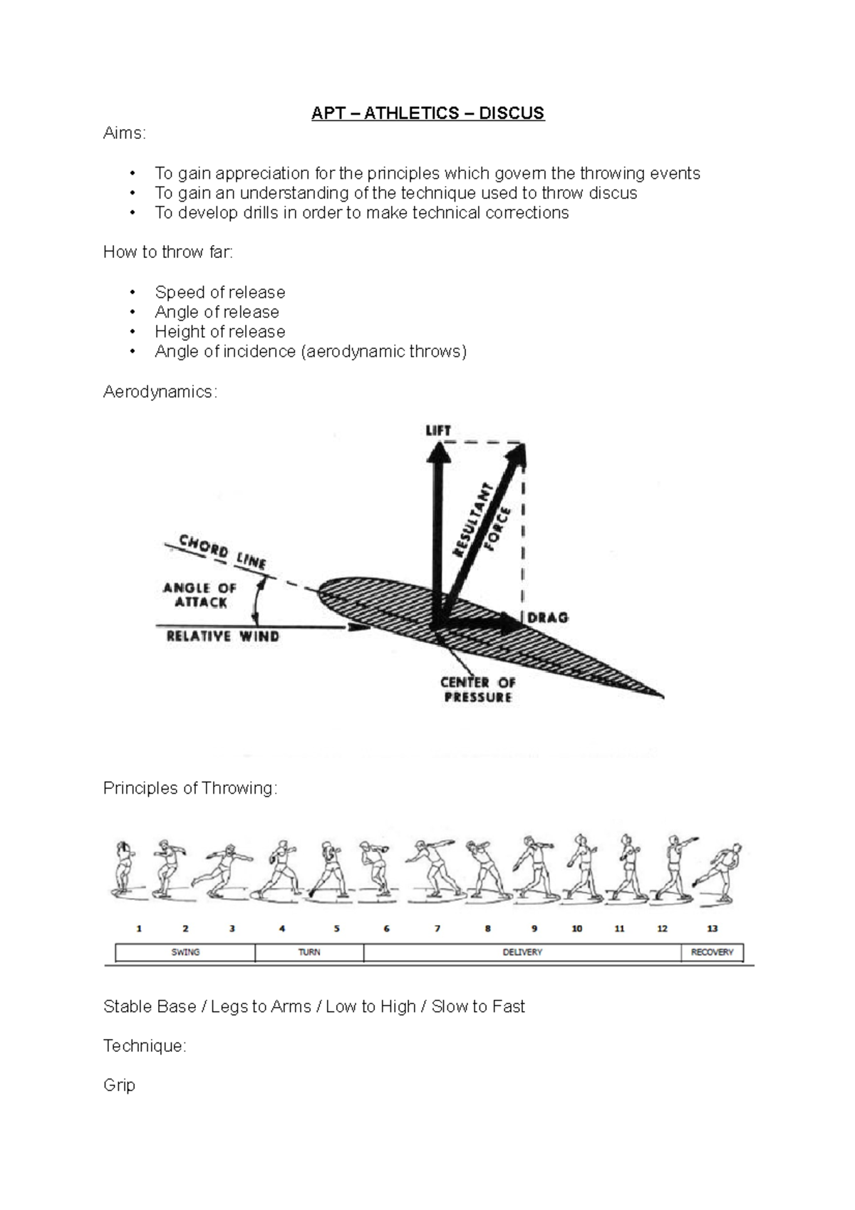 APT Discuss Lecture notes 1 APT ATHLETICS DISCUS Aims To