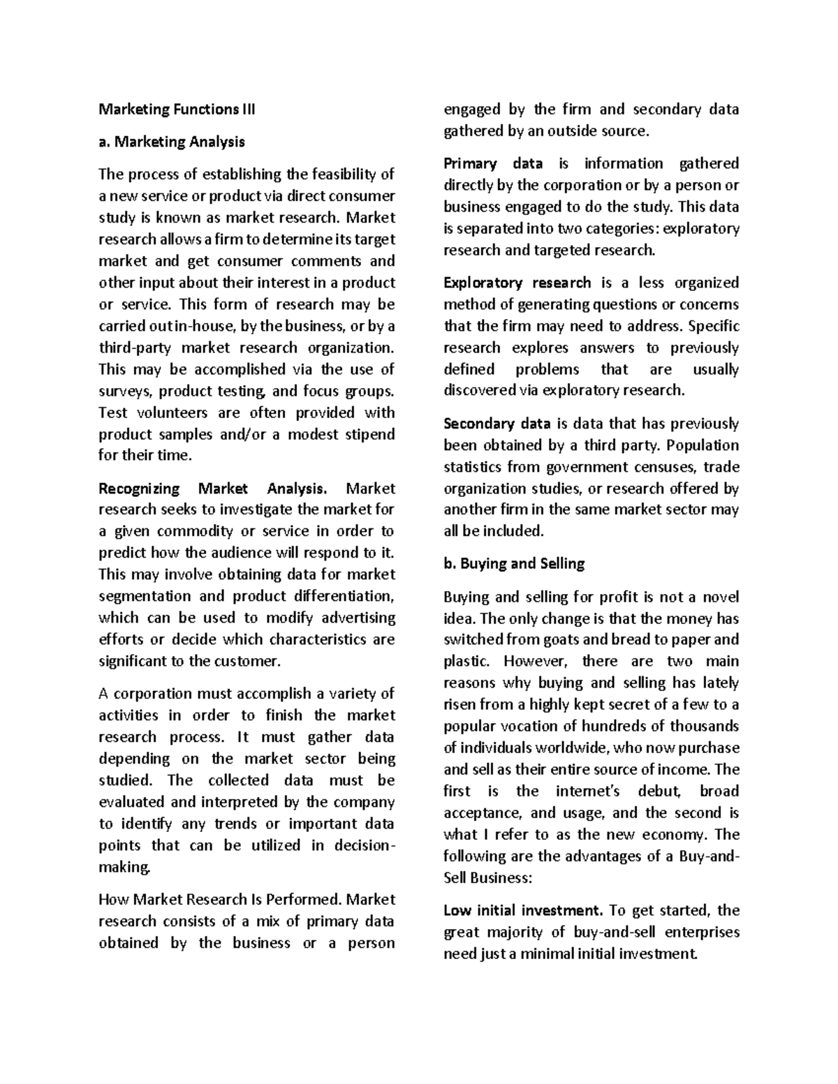III. Marketing Functions - Marketing Functions III a. Marketing ...