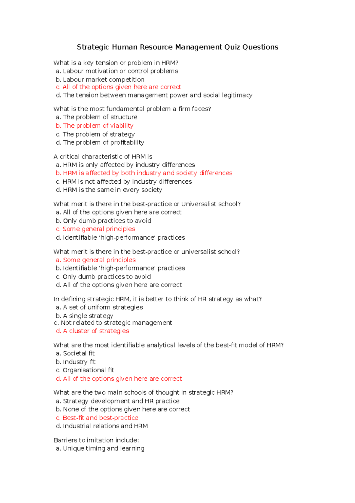 SHRM Weekly Quiz Strategic Human Resource Management Quiz Questions