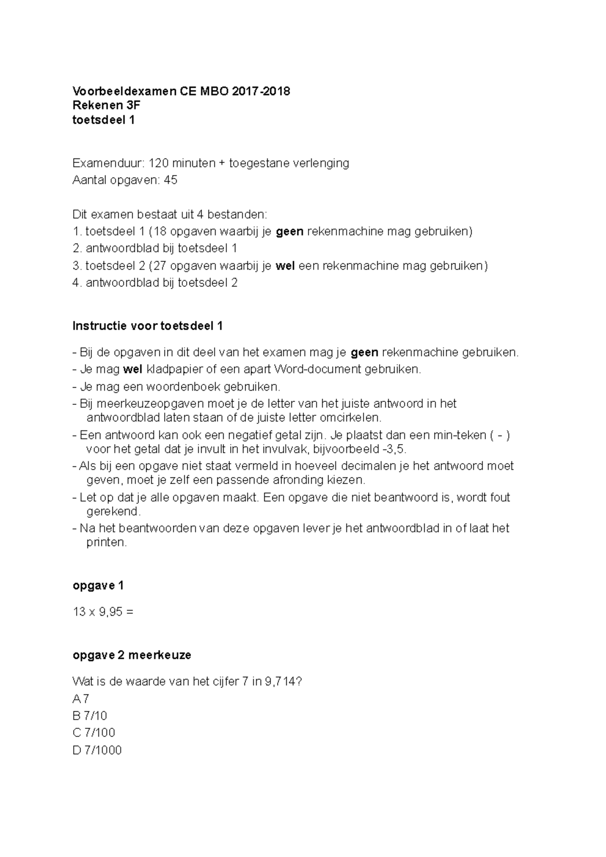 W1 SZ MBO RK 3F voorbeeld deel 1 - Voorbeeldexamen CE MBO 2017- Rekenen ...