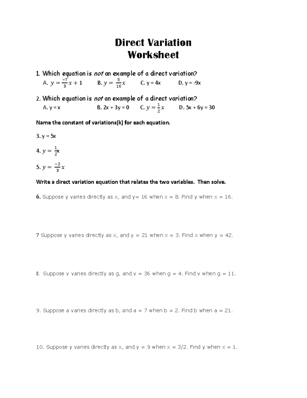 Direct Variation Worksheets - - Studocu