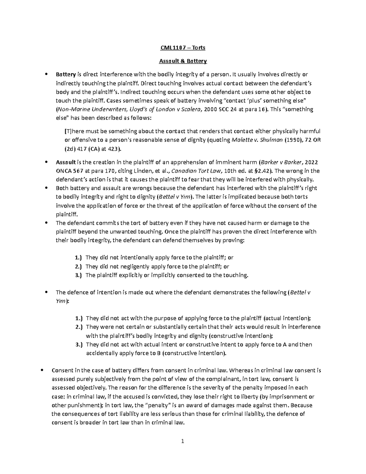 Torts Part 2 - notes from lectures - CML1107 – Torts Assault & Battery ...