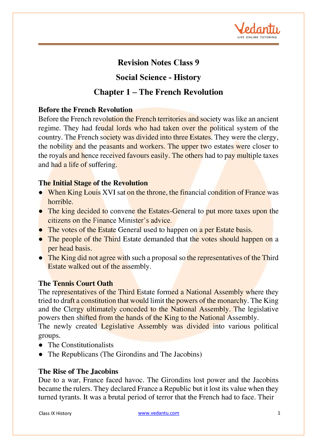 Cbse Class 9 History Chapter 1 Notes The French Revolution Class Ix History Vedantu 1 