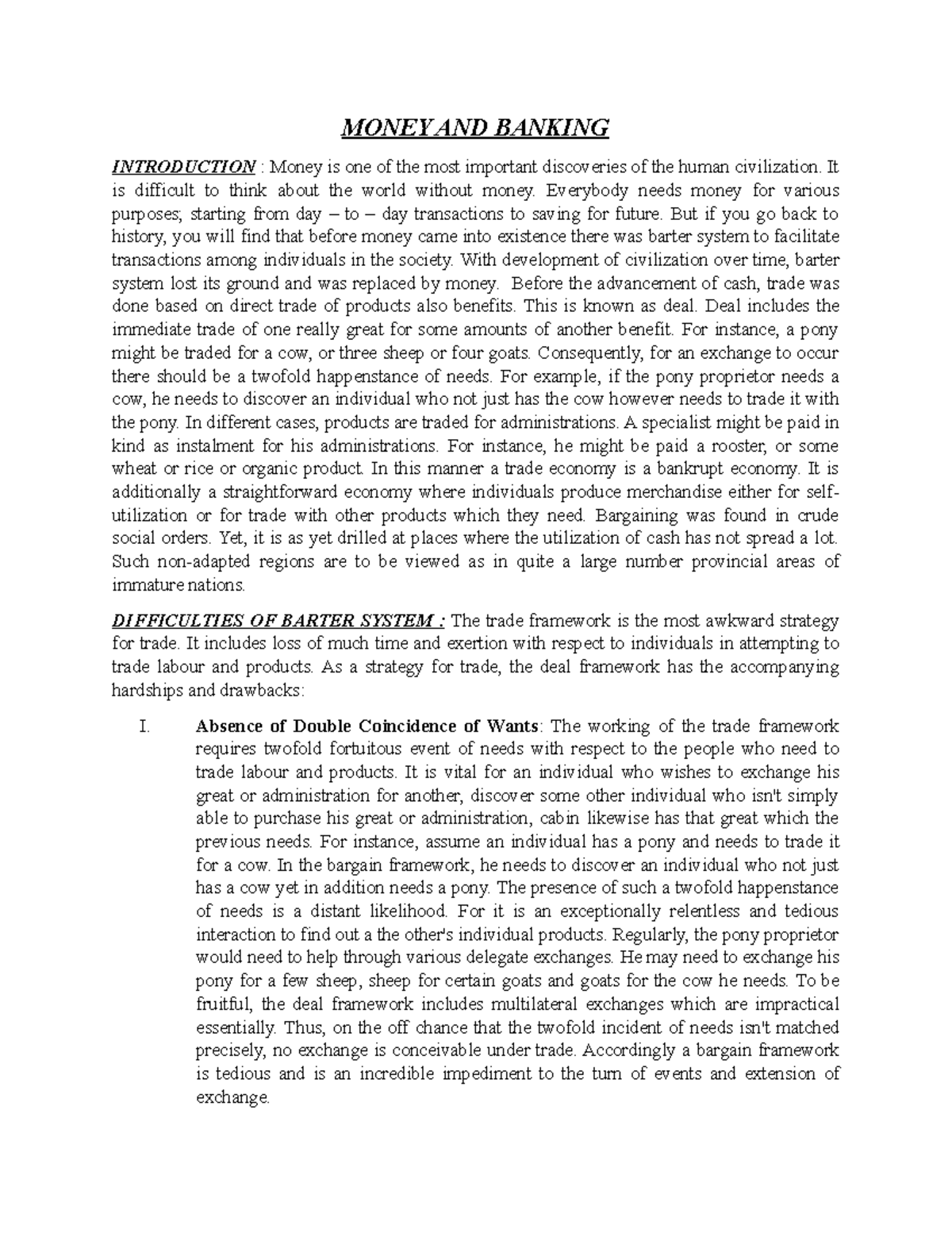 Money AND Banking Lecture notes 6 MONEY AND BANKING INTRODUCTION