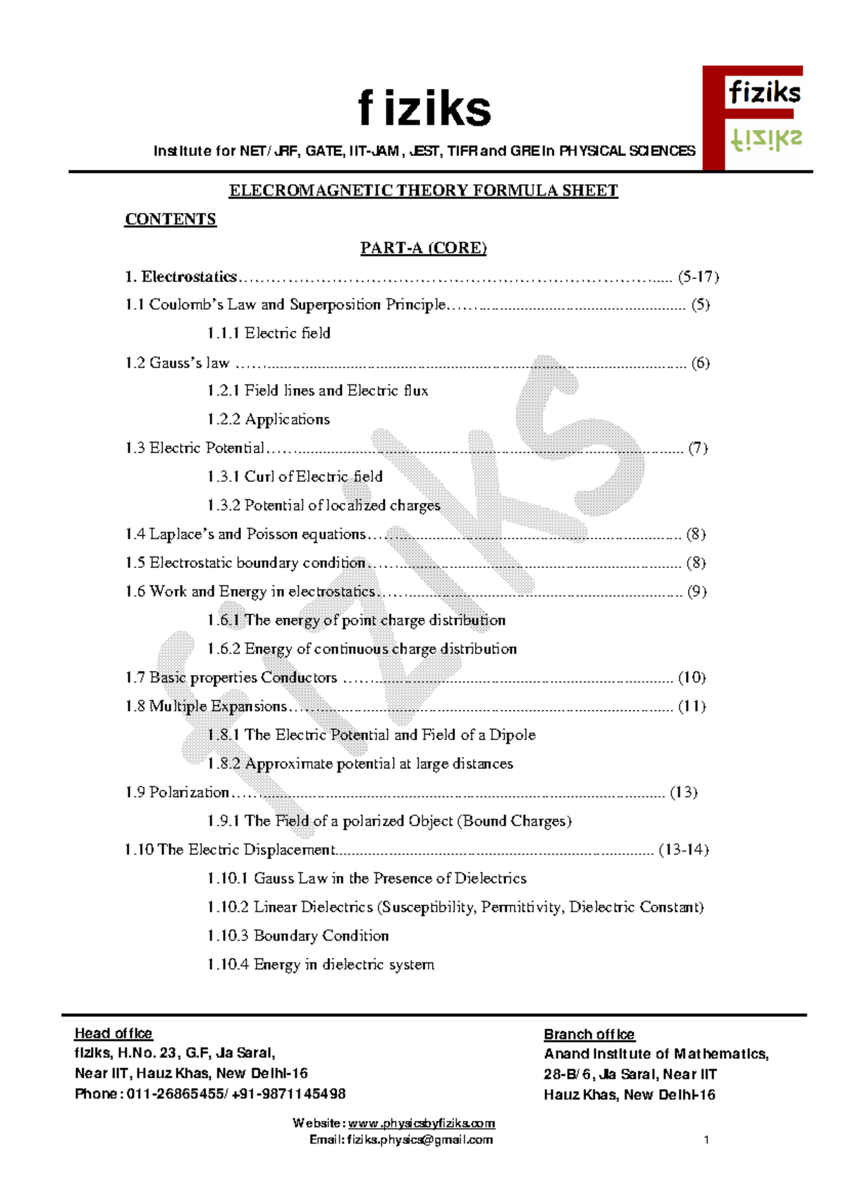 246580961 EMT Formula Sheet BSc Level - Institute for NET/JRF, GATE ...