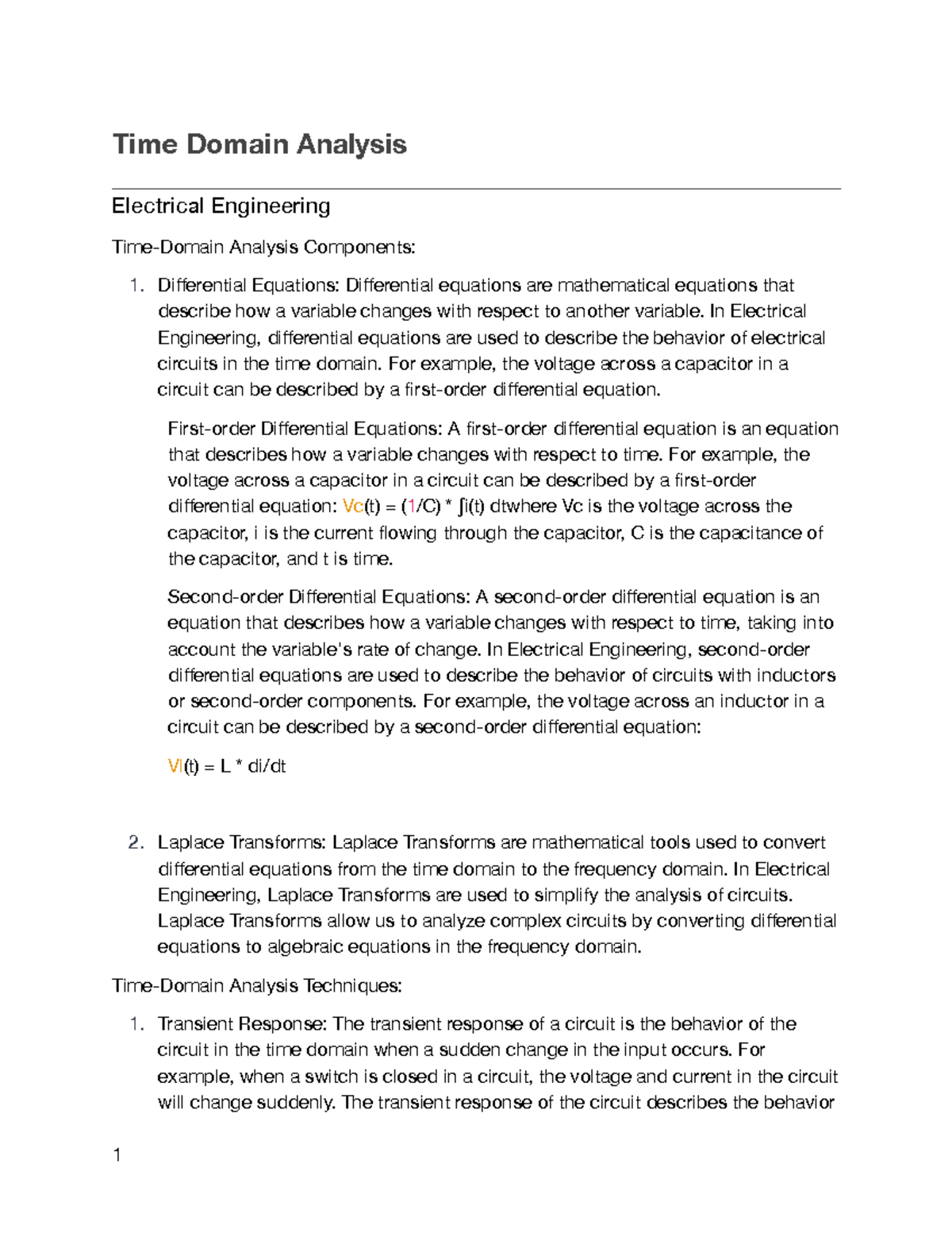 Time Domain Analysis Notes, Equations, and Explanations Time Domain
