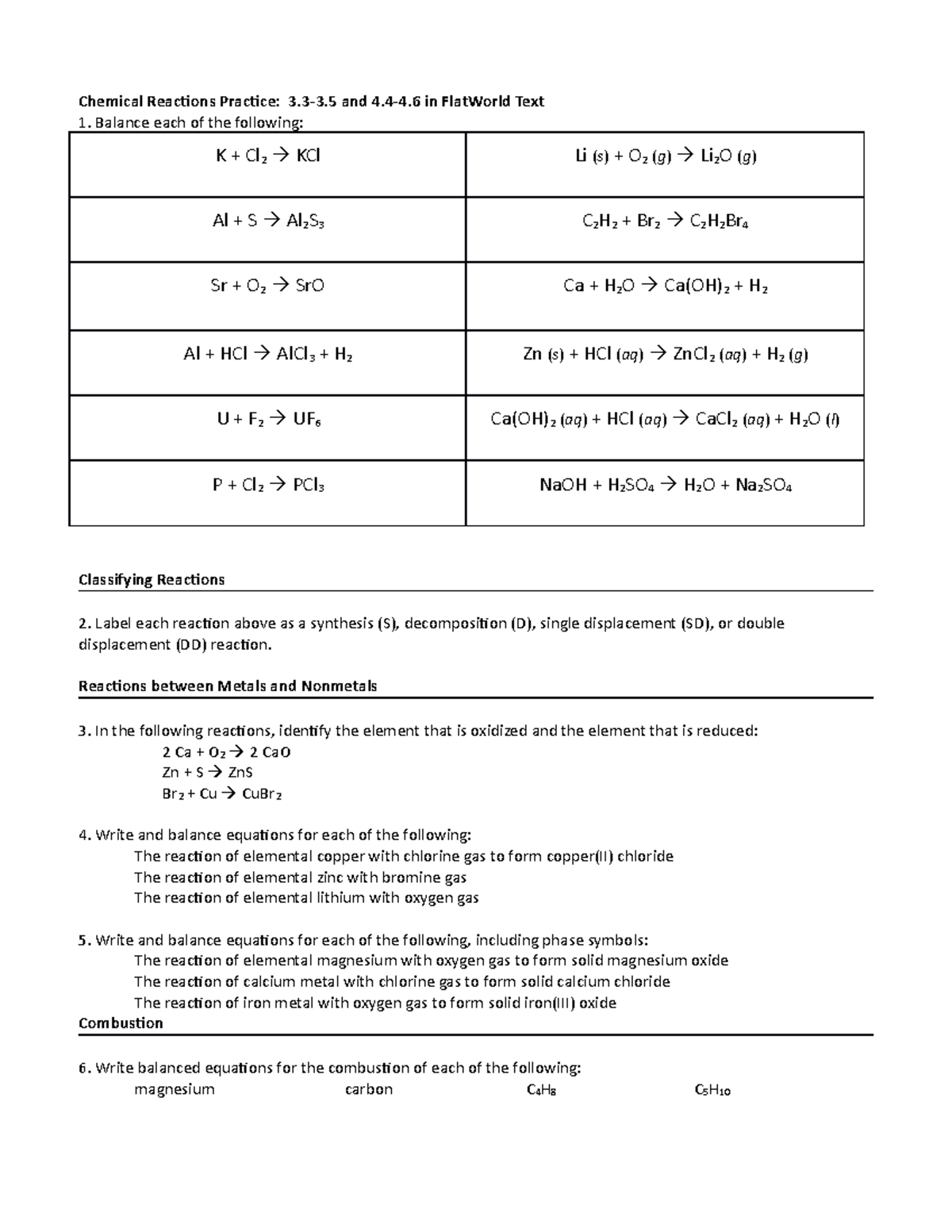 Chemical Reactions Practice Worksheet part 1(chapters 3 and 4 ...