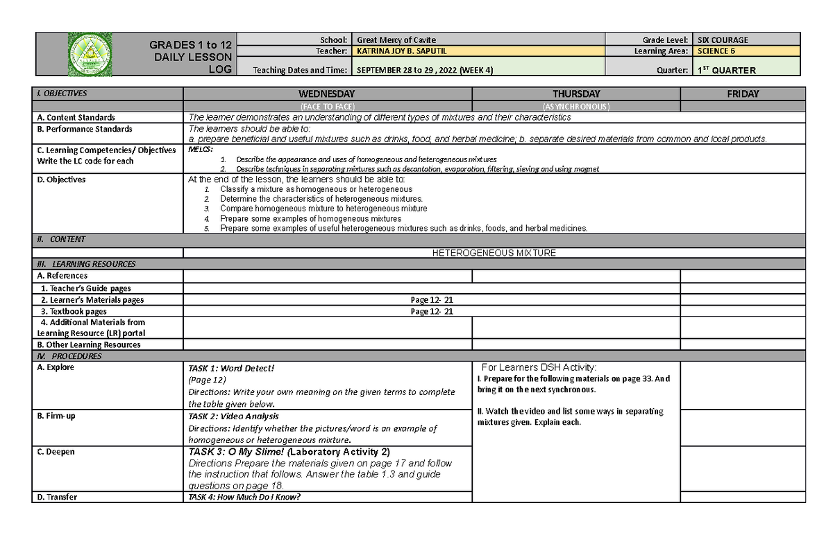 WEEK4-DLL- Science 6 - GRADES 1 to 12 DAILY LESSON LOG School: Great ...