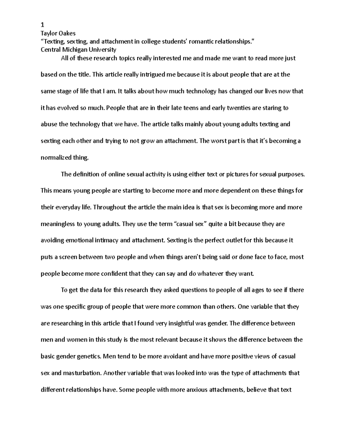 Research paper - Grade: B+ - “Texting, sexting, and attachment in ...