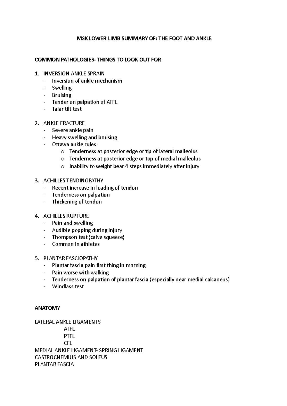 MSK Lower LIMB Summary OF- THE FOOT AND Ankle - MSK LOWER LIMB SUMMARY ...