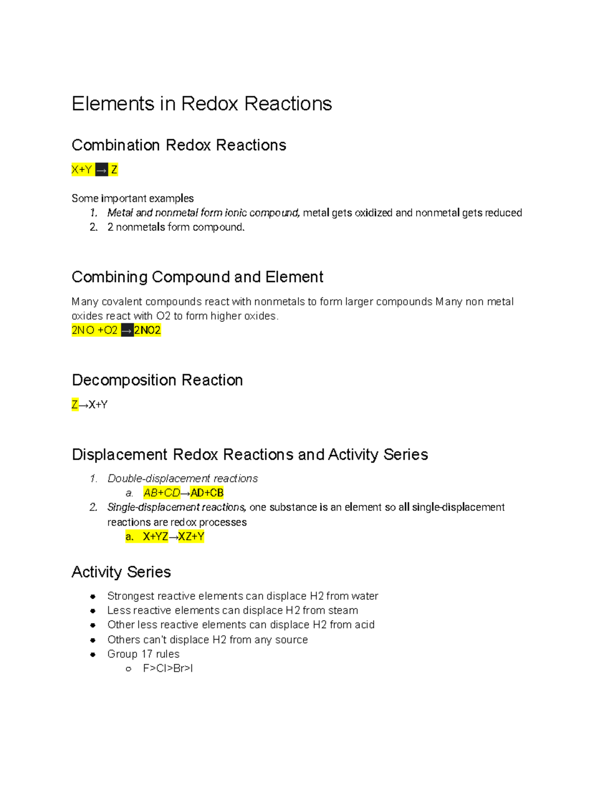 Elements in Redox Reactions - Elements in Redox Reactions Combination ...