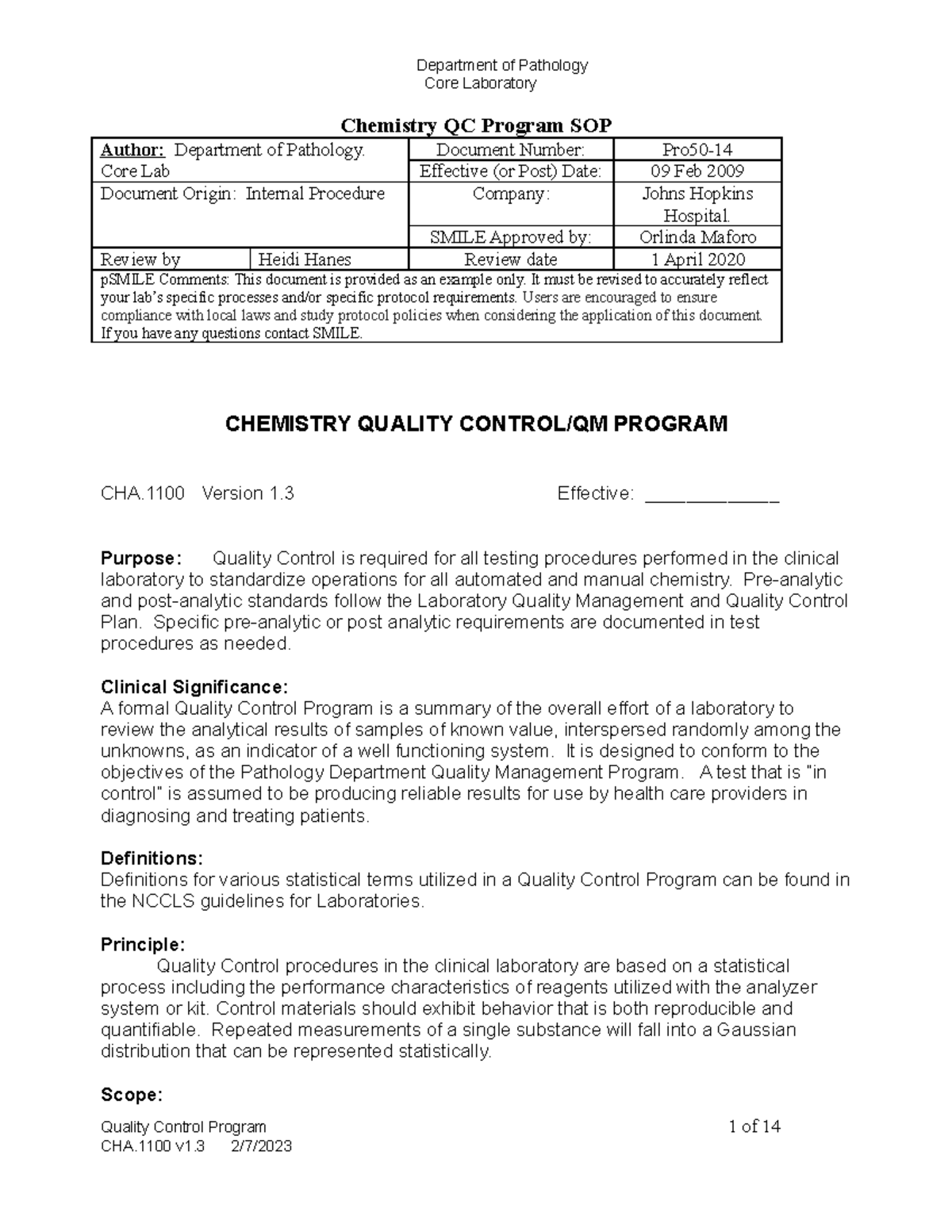 Pro5013 QC Prog Chem SOP Core Laboratory Chemistry QC Program SOP