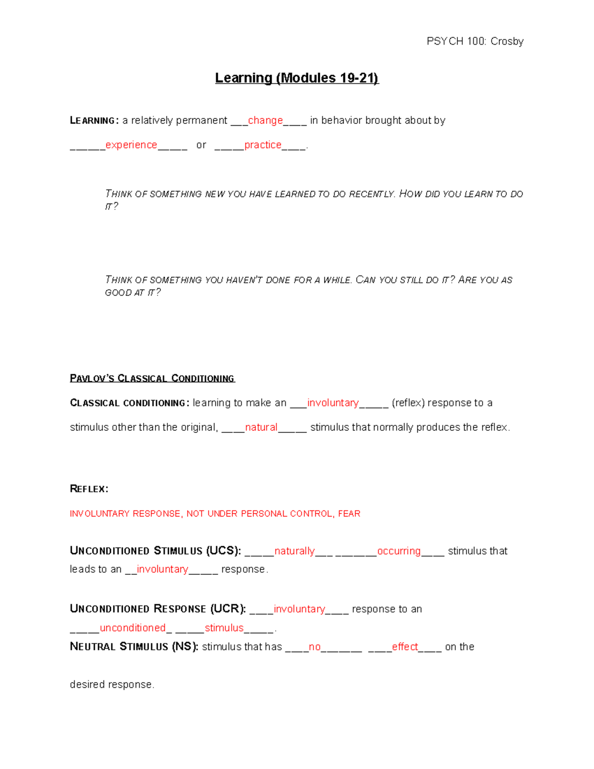 PSYCH 100 learning - Learning (Modules 19-21) LEARNING: a relatively ...