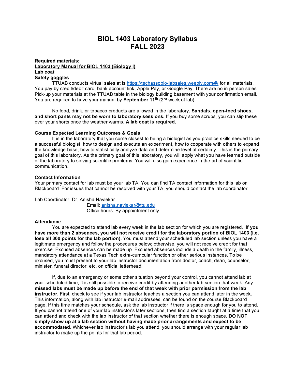 1403 Lab Fall 2023 Syllabus - BIOL 1403 Laboratory Syllabus FALL 2023 ...