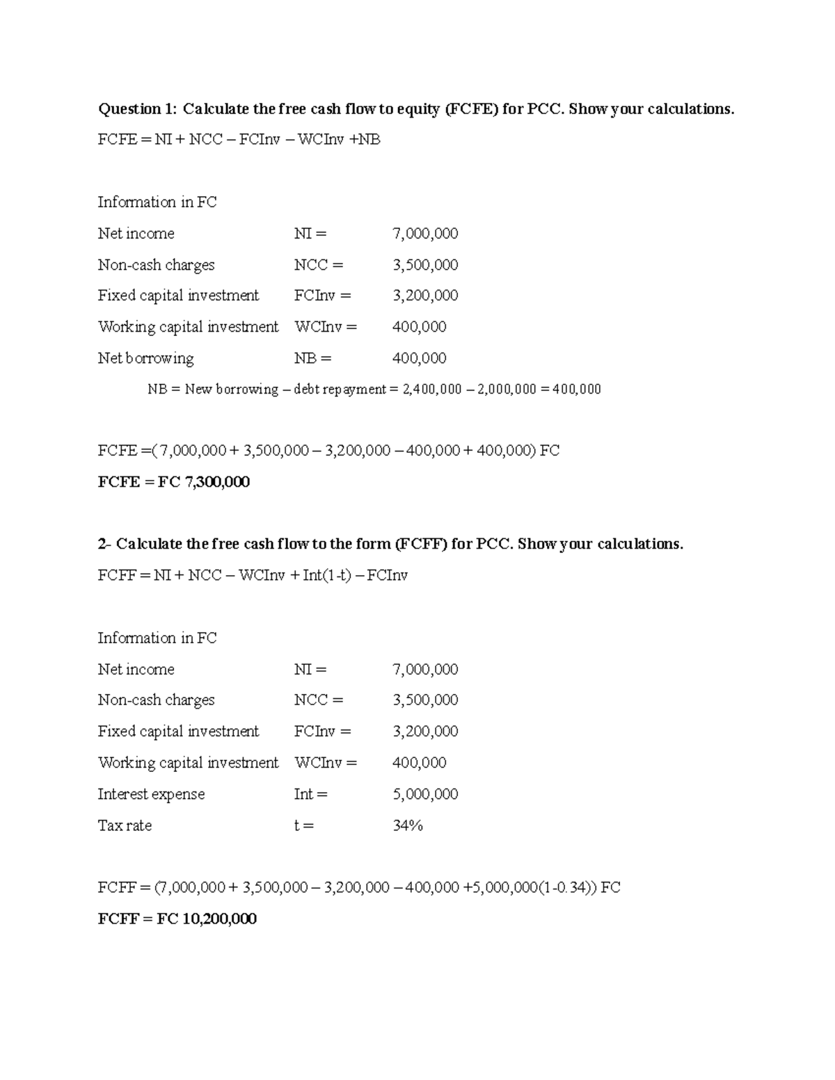 Devoir 4 100% - Question 1: Calculate the free cash flow to equity ...