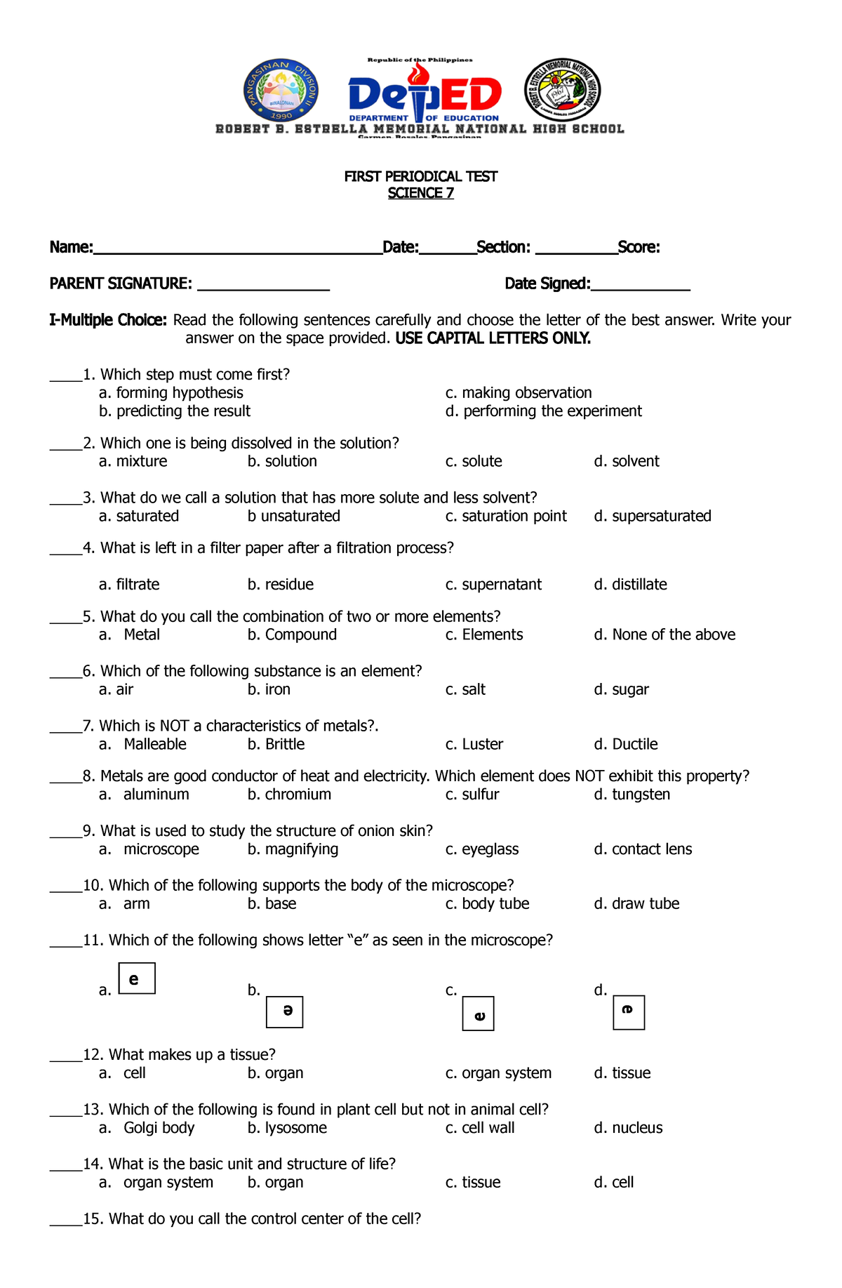 Rbemnhs Science 7 EXAM First Quarter - FIRST PERIODICAL TEST SCIENCE 7 ...