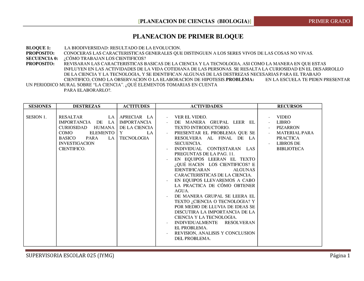 Planeacion De Ciencias Primer Grado - Universo Natural - INUE - Studocu