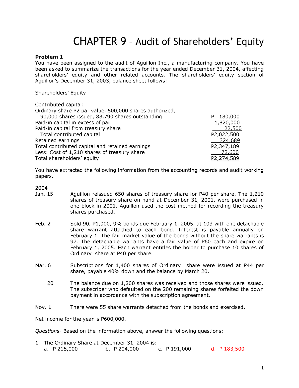 Audit Of Shareholder's Equity - CHAPTER 9 – Audit Of Shareholders ...