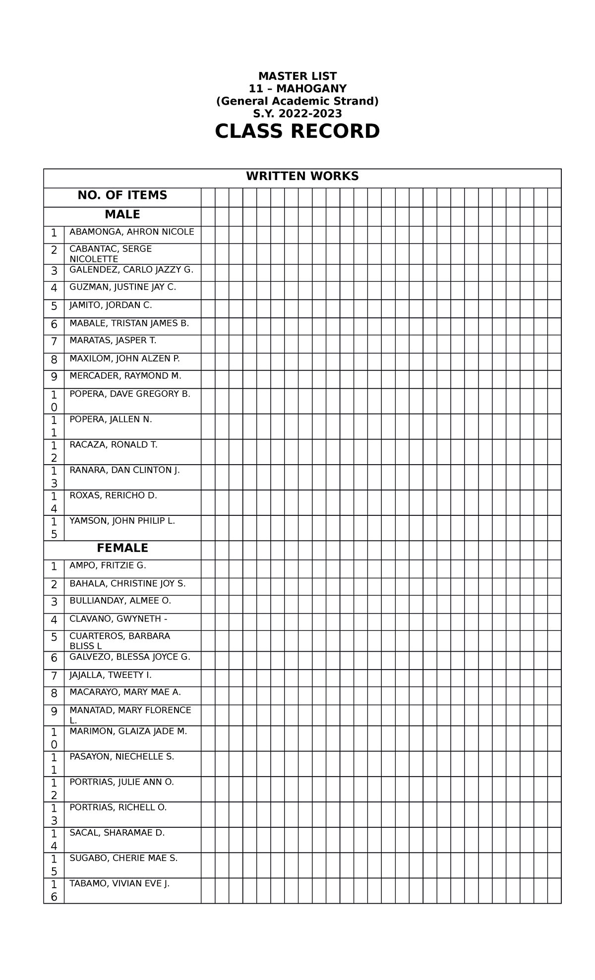 Class Record - MASTER LIST 11 – MAHOGANY (General Academic Strand) S ...