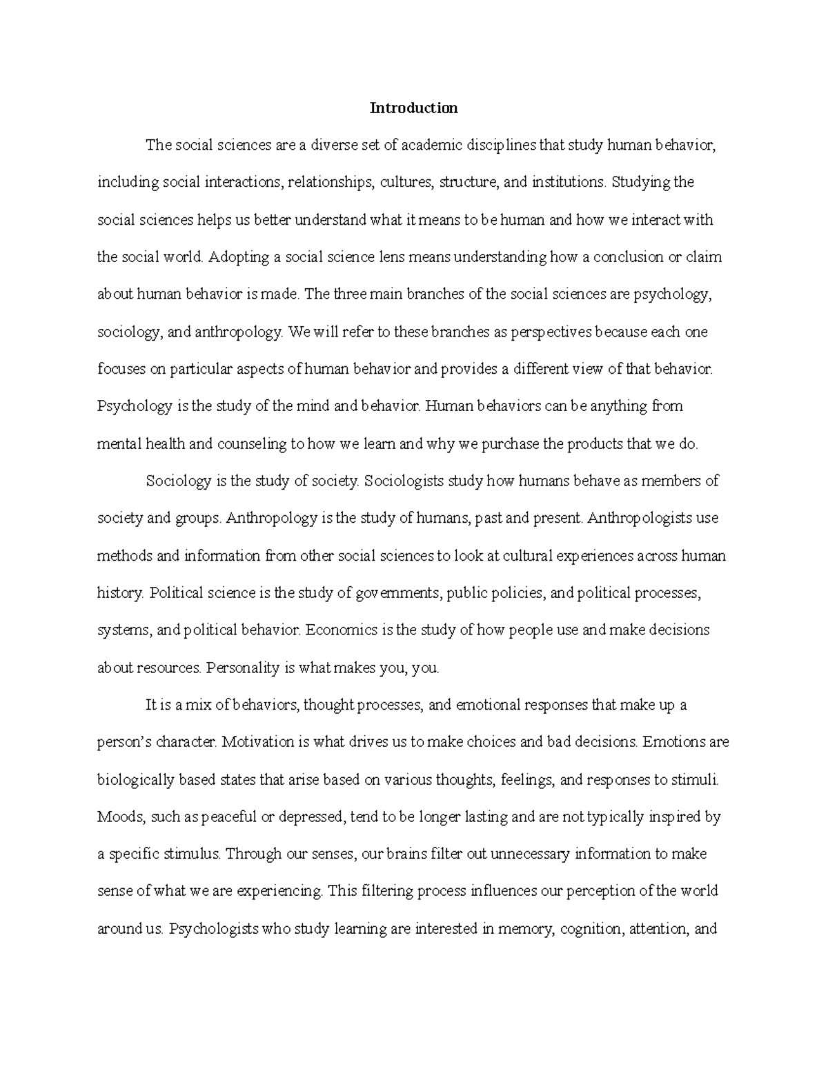 SCS 100 - Module 1 Notes - JG - Introduction The social sciences are a ...