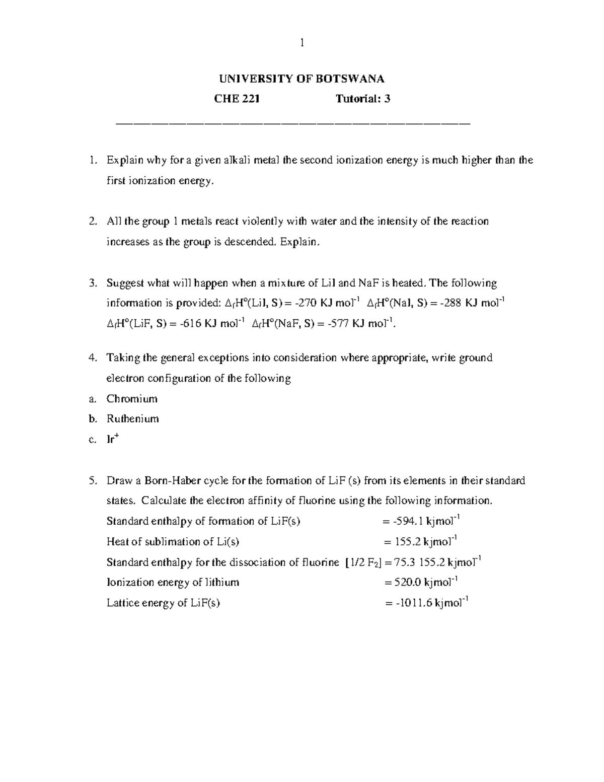 CHE221 Tutorial 3 2024pdf - 1 UNIVERSITY OF BOTSWANA CHE 221 Tutorial ...