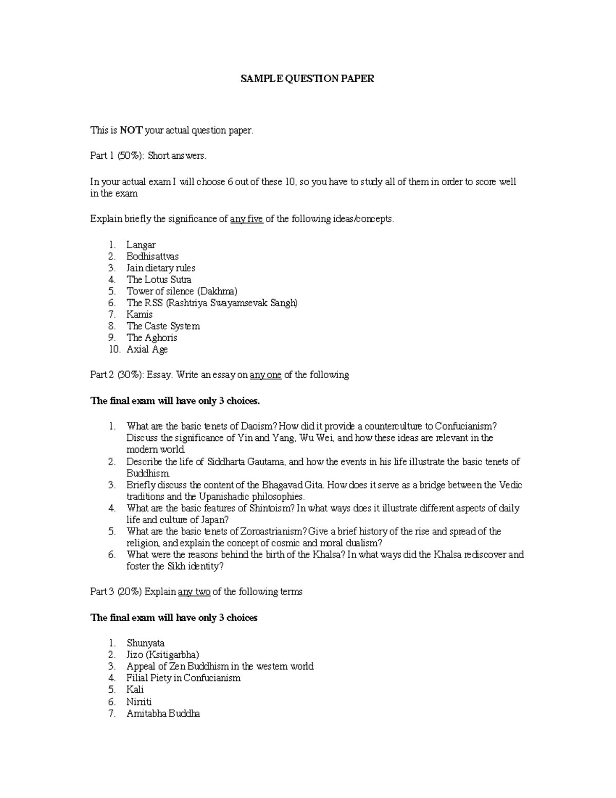 131 Study Guide - SAMPLE QUESTION PAPER This is NOT your actual ...