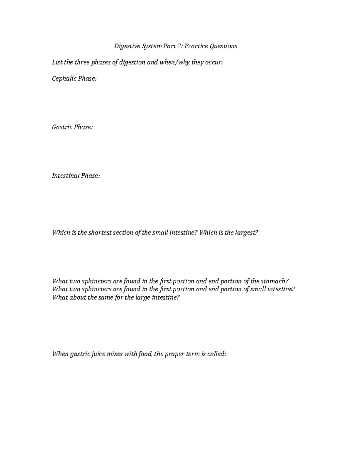 Digestive System Part 2 Worksheet - List the three phases of digestion ...