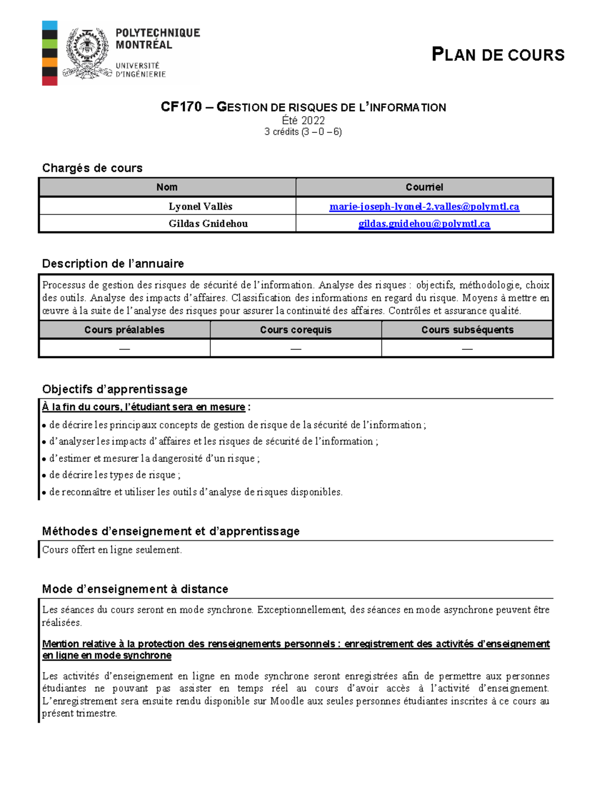 Plan du cours CF170 - Gestion de risques de l'information - PLAN DE ...
