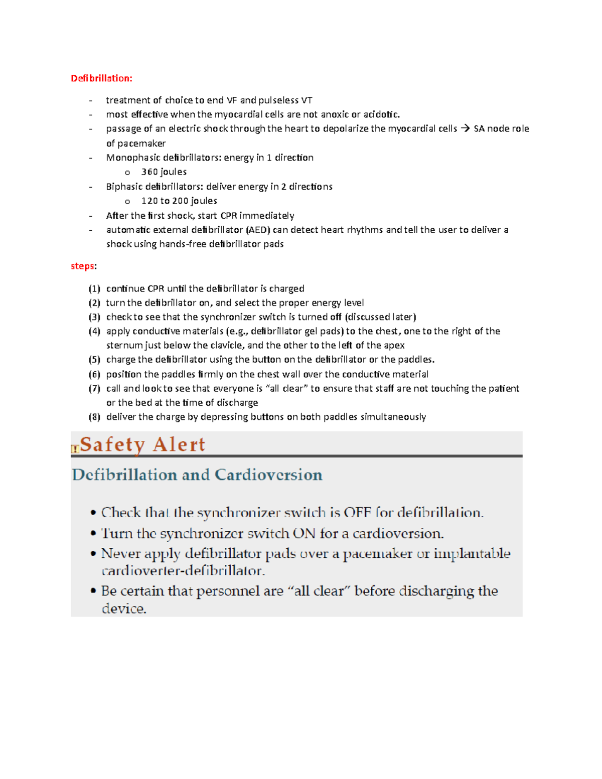 Defribrillation - notes - Defibrillation: treatment of choice to end VF ...