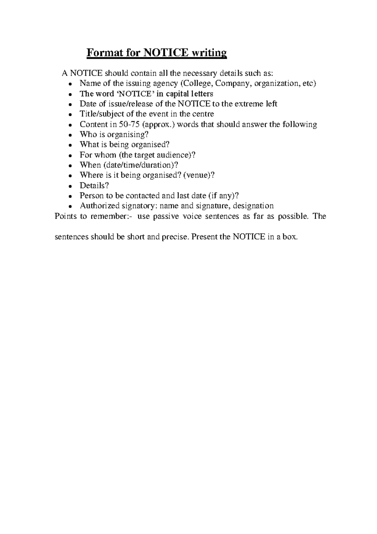 Format for Notice writing, Agenda and Minutes of Meeting Format for