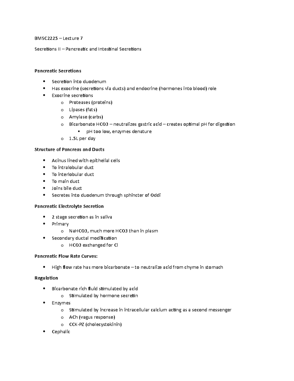 Lecture 7 - Pancreatic and Intestinal Secretions - BMSC2225 – Lecture 7 ...